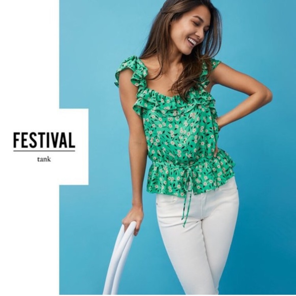 Cabi festival tank - green floral ruffle